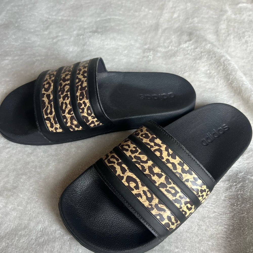 Adidas Black Slides with Leopard Print